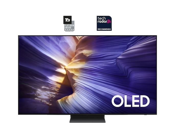 Czarny telewizor OLED wyświetla kolorowy obraz z logo u góry.
