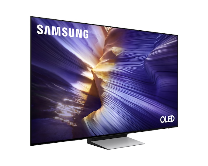 Telewizor Samsung OLED ze srebrną podstawą i kolorową tapetą na ekranie.