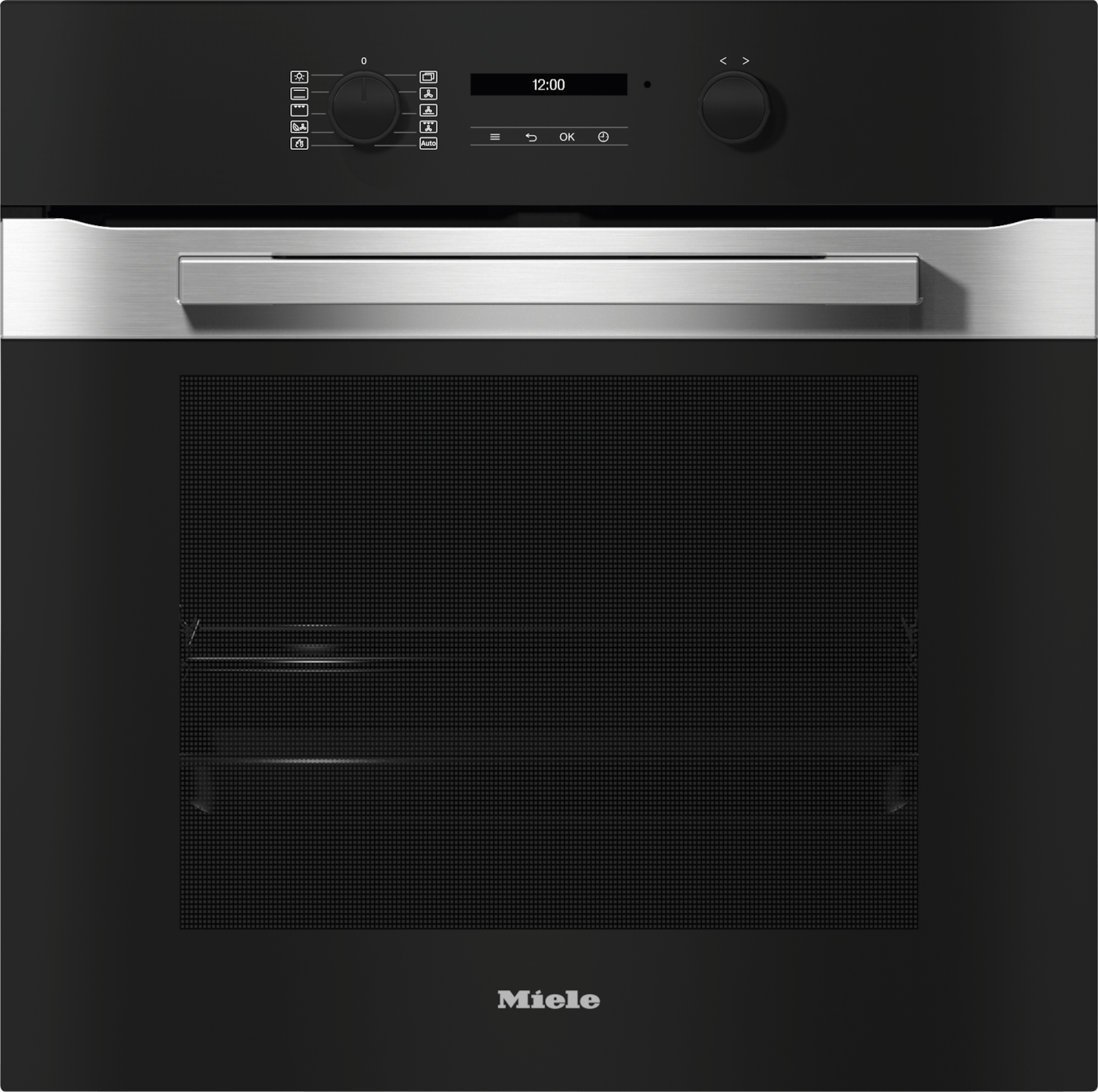Schwarzer Miele-Ofen mit digitaler Anzeige, Drehreglern und Edelstahldetails.