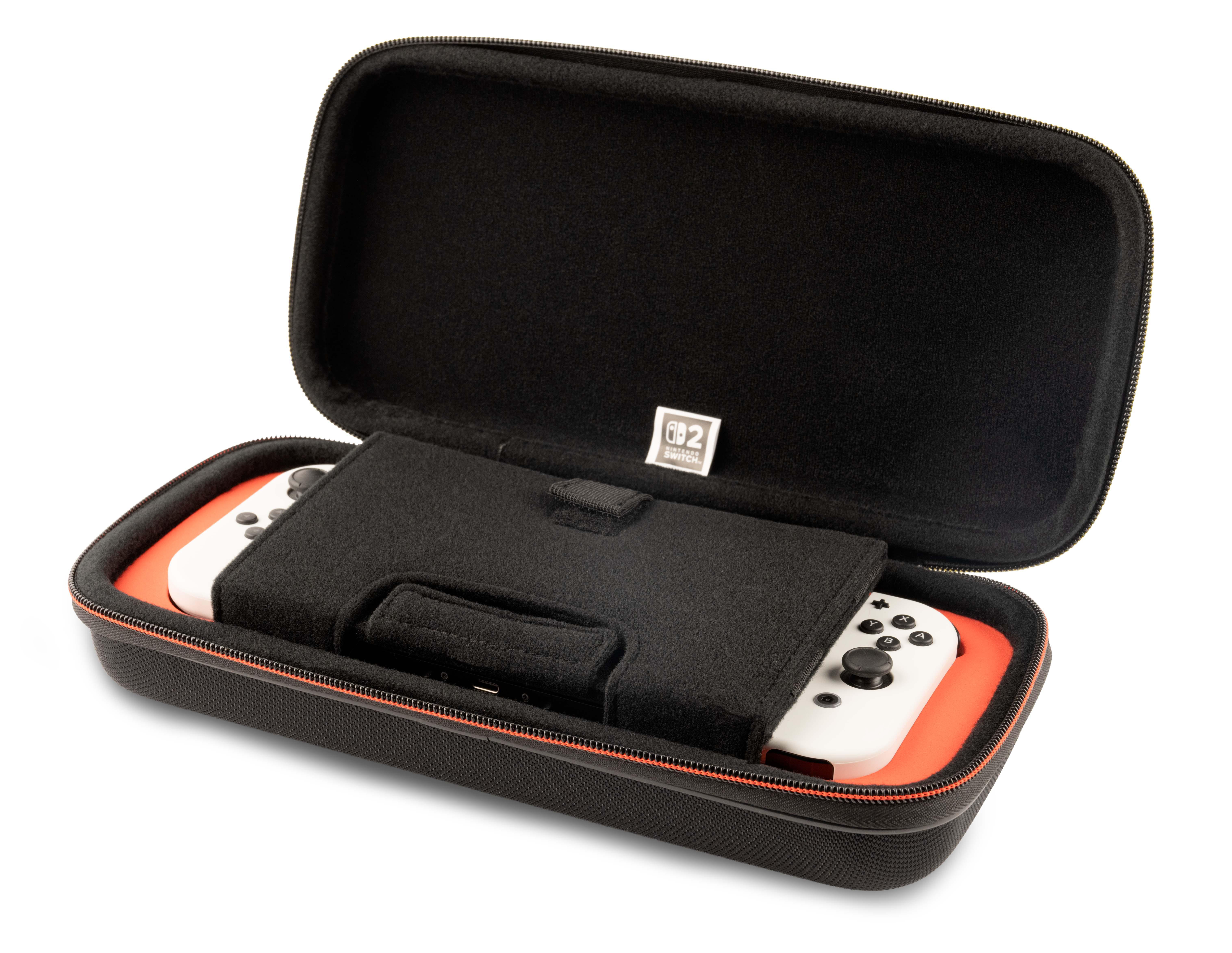 Offene schwarze Hülle mit orangefarbenem Innenleben für weiße Nintendo Switch Controller.