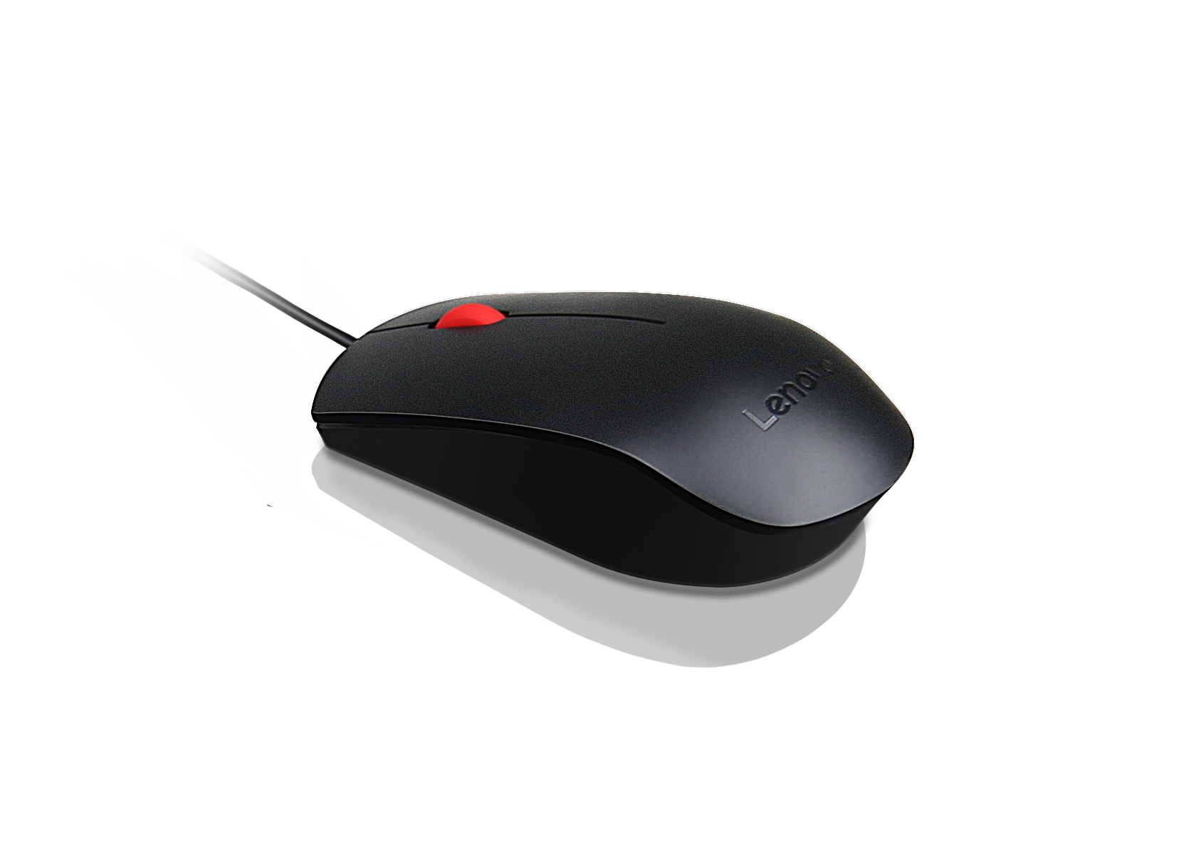 Fekete Lenovo egér piros görgetőkerékkel és kábellel fekete háttéren.