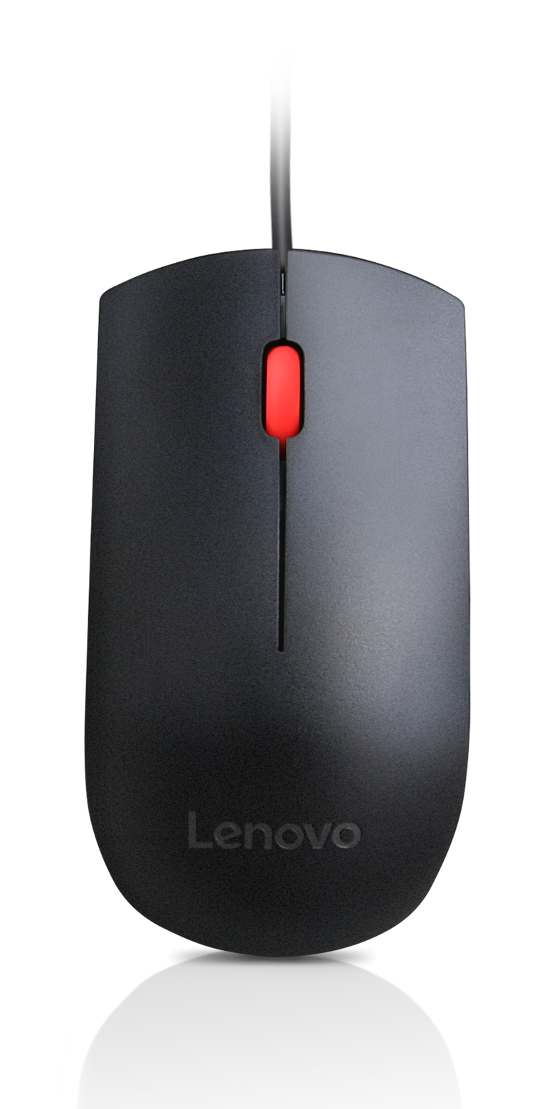 Egy fekete Lenovo egér piros görgővel fekete háttéren.