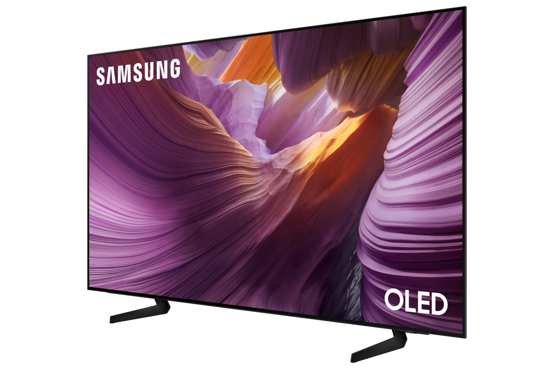 Telewizor Samsung OLED z kolorowym, falistym obrazem i czarną podstawą.