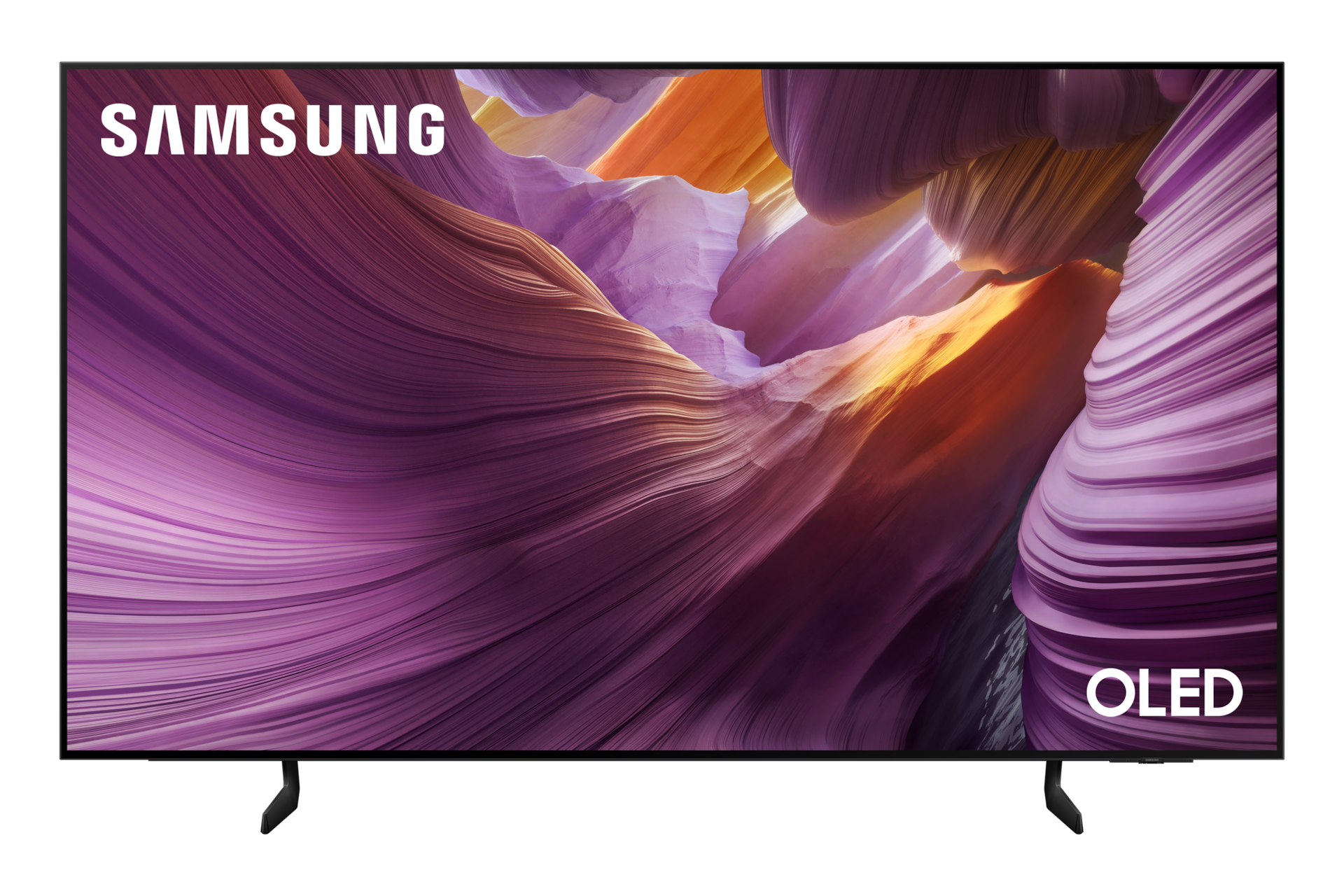 Telewizor Samsung OLED wyświetla abstrakcyjny krajobraz z fioletowymi i pomarańczowymi falami.