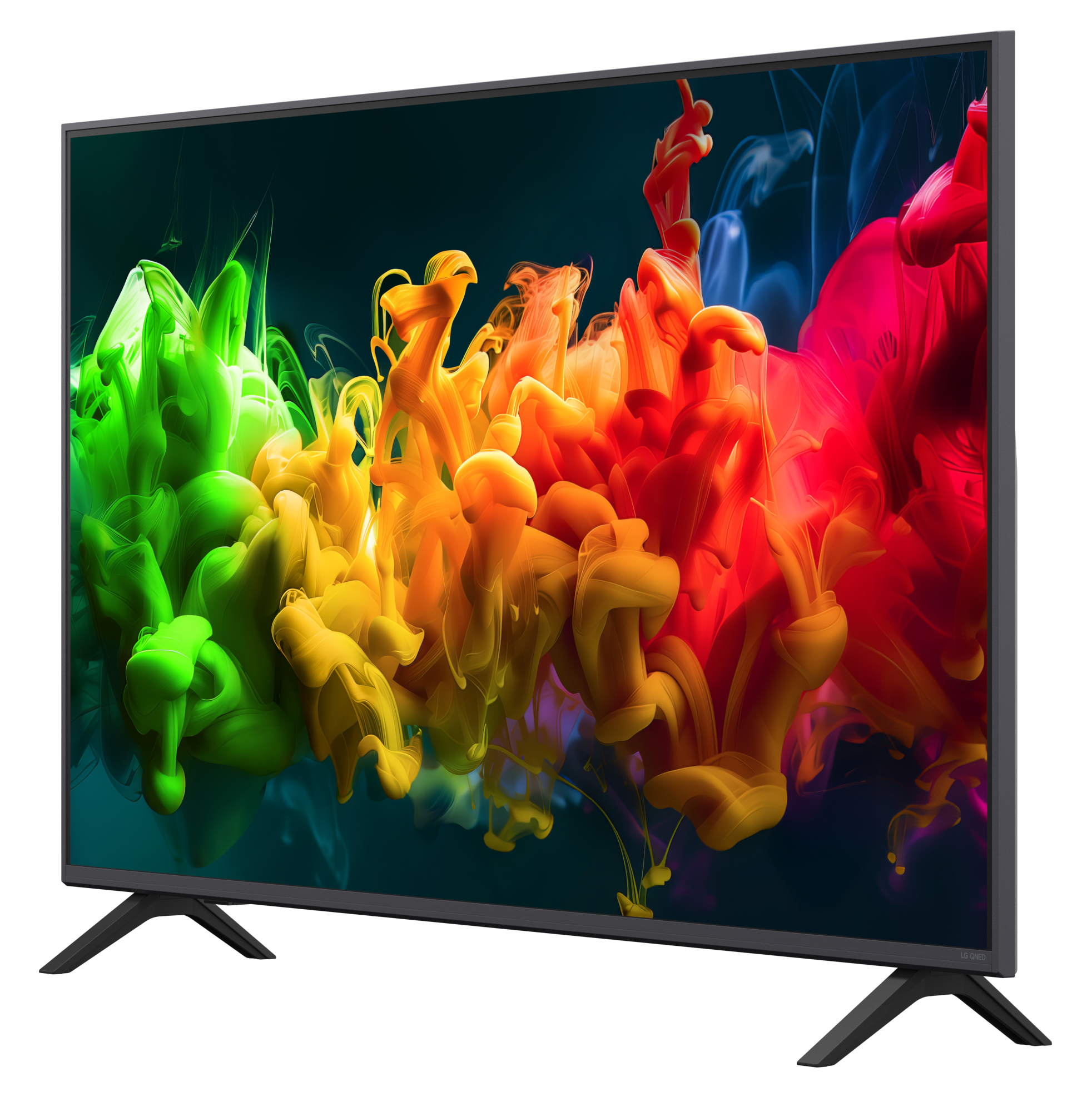 Nowoczesny telewizor LG QNED wyświetla żywe zielone, żółte, pomarańczowe i czerwone chmury atramentu.