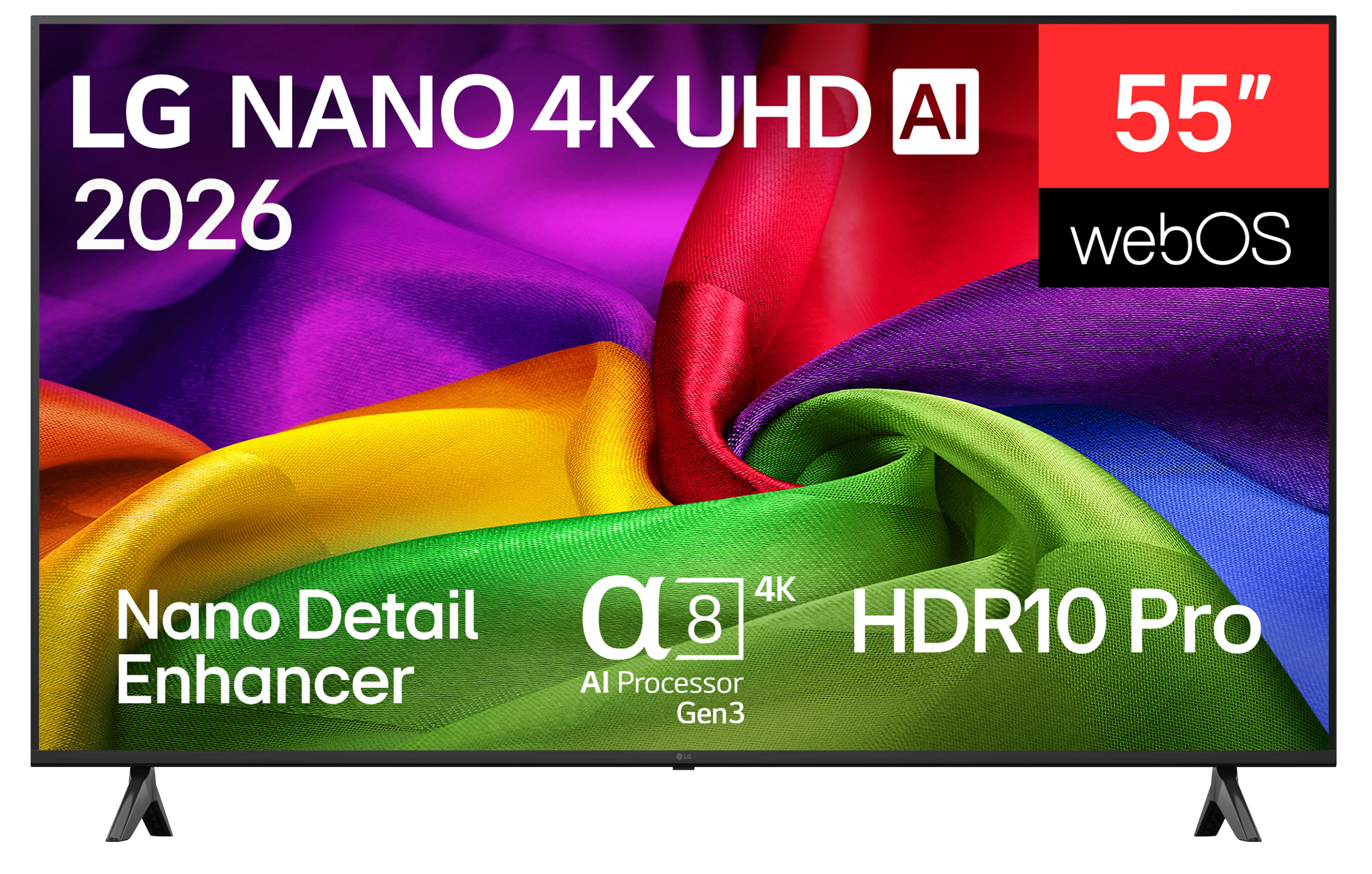 LG Nano 4K UHD TV, 55 Zoll, mit bunten Stoffen und Text.