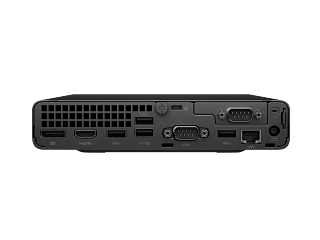 Vista trasera de un mini PC negro, mostrando puertos como HDMI, USB y Ethernet.