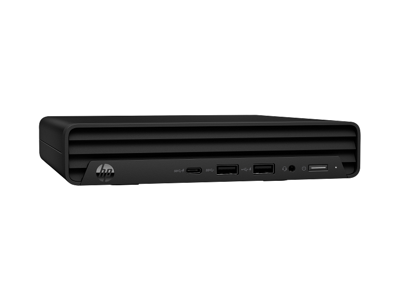 Mini PC HP negro con ranuras de ventilación y puertos frontales.