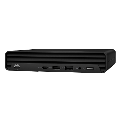 Mini PC HP negro con puertos frontales: 2x USB-A, 2x USB-C, conector de audio, botón de encendido.