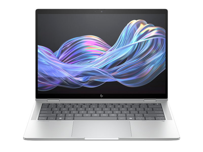 Un portátil HP EliteBook plateado abierto con fondo abstracto.