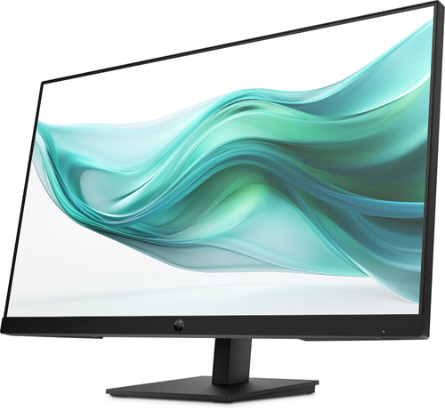 Un monitor negro que muestra un patrón abstracto y fluido en tonos verdes y azules en su pantalla.