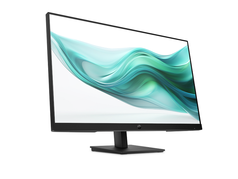 Un monitor de computadora negro que muestra una imagen de fondo abstracta y ondulada en verde y azul.