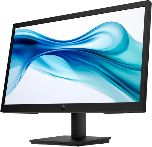 Un monitor HP negro muestra un diseño azul y fluido en su pantalla.