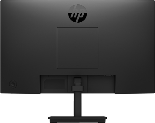 Vista trasera de un monitor HP negro con puertos y soporte.