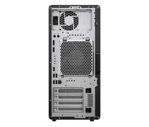 Vista trasera de una caja de PC negra que muestra ventilador, puertos y ranuras.