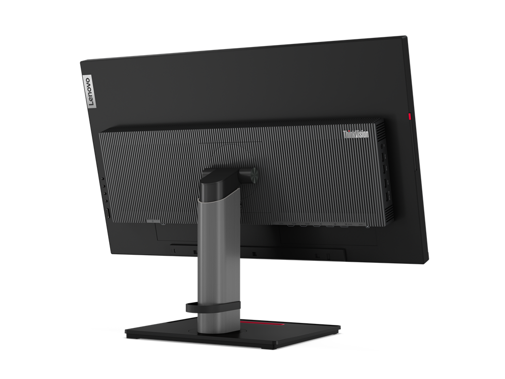 Rückseite eines schwarzen Lenovo ThinkVision Monitors mit integriertem Computer.