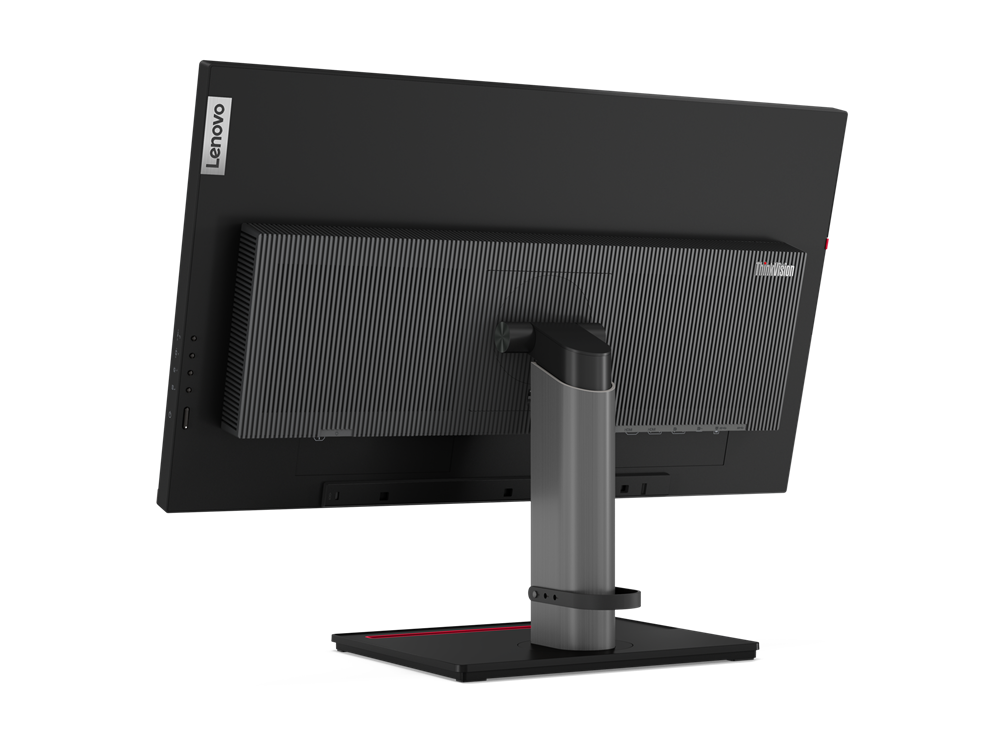 Rückseite eines schwarzen Lenovo ThinkVision Monitors mit silbernem Ständer.