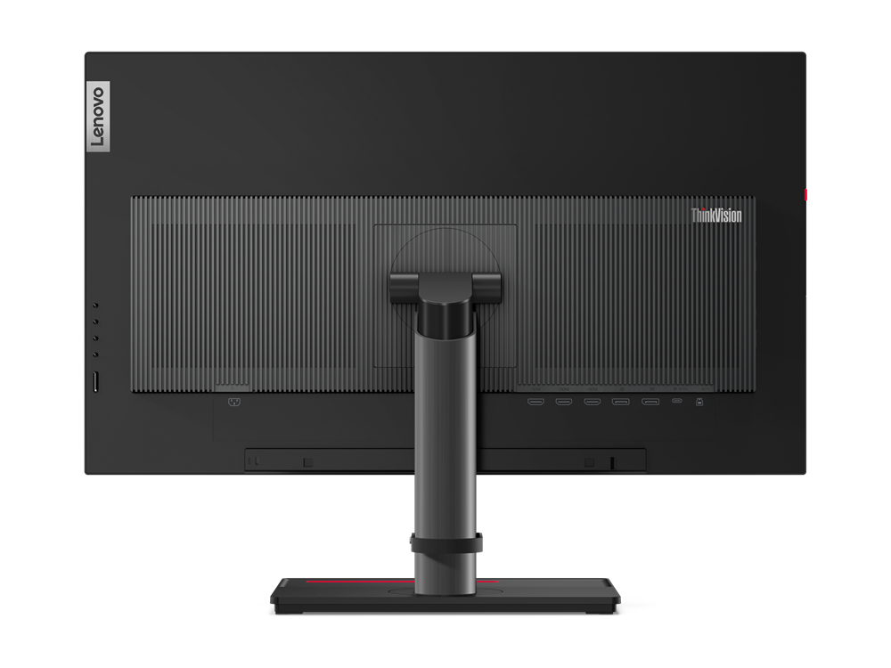 Rückseite eines schwarzen Lenovo ThinkVision Monitors mit Lüftungsschlitzen und Anschlüssen.