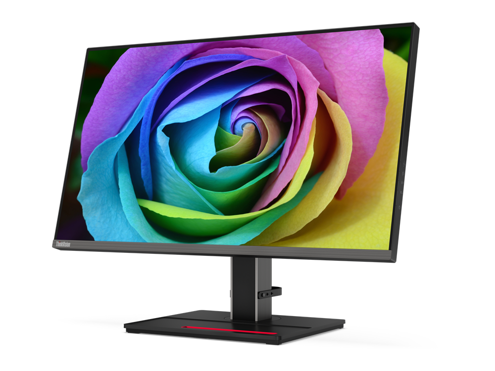 Ein Monitor zeigt eine bunte Rose mit violetten, blauen, grünen und gelben Blütenblättern.