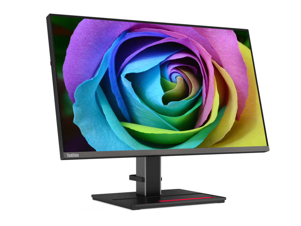 Ein Monitor zeigt eine farbenfrohe, regenbogenfarbene Rose auf schwarzem Hintergrund.