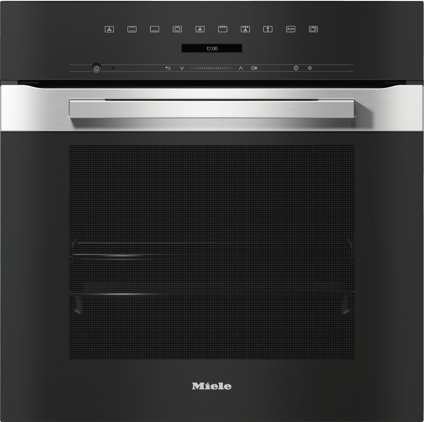 Ein moderner schwarzer Miele-Ofen mit Edelstahlgriff und digitaler Anzeige.