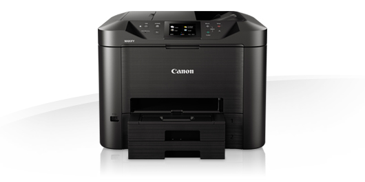 Czarna drukarka Canon MAXIFY z wysuniętą szufladą na papier na białym tle.