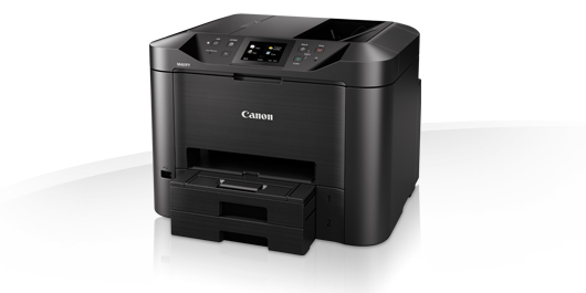 Czarna drukarka Canon z wysuniętą szufladą na papier i panelem sterowania.