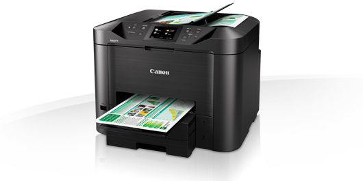 Czarna drukarka Canon z podajnikiem papieru wydającą wydrukowane dokumenty.