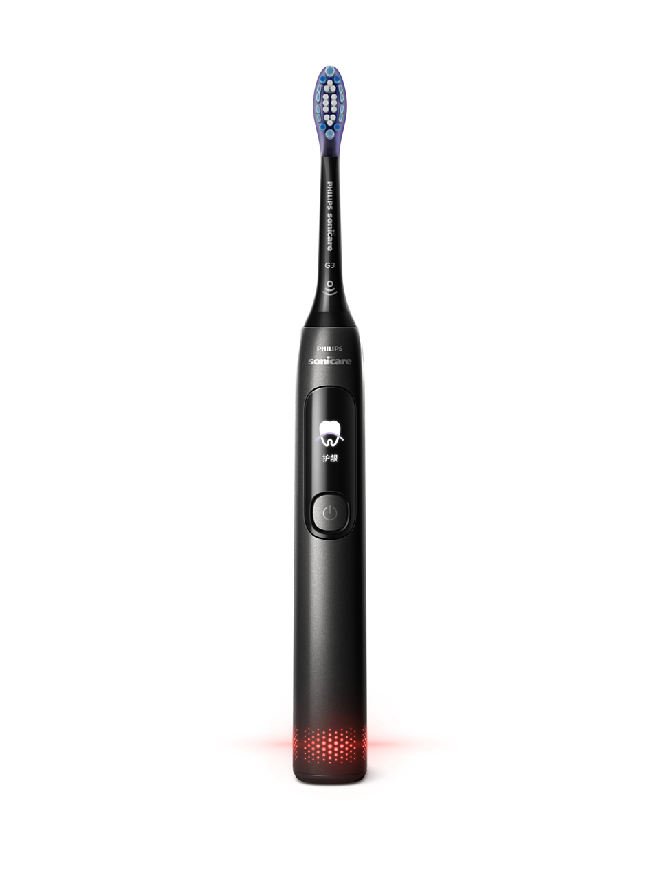 Schwarze elektrische Zahnbürste mit blauem Bürstenkopf auf rotem Sockel.