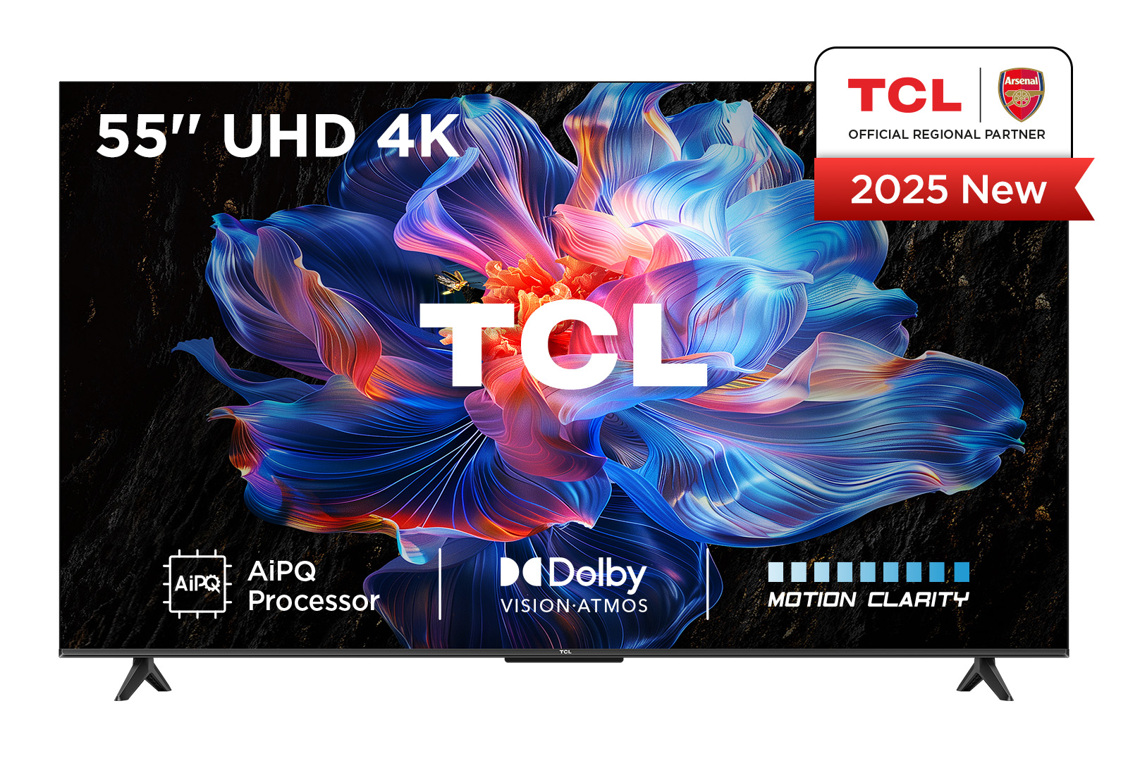 Telewizor TCL UHD 4K 55" z abstrakcyjnym, kolorowym ekranem, procesorem AI, Dolby Vision.