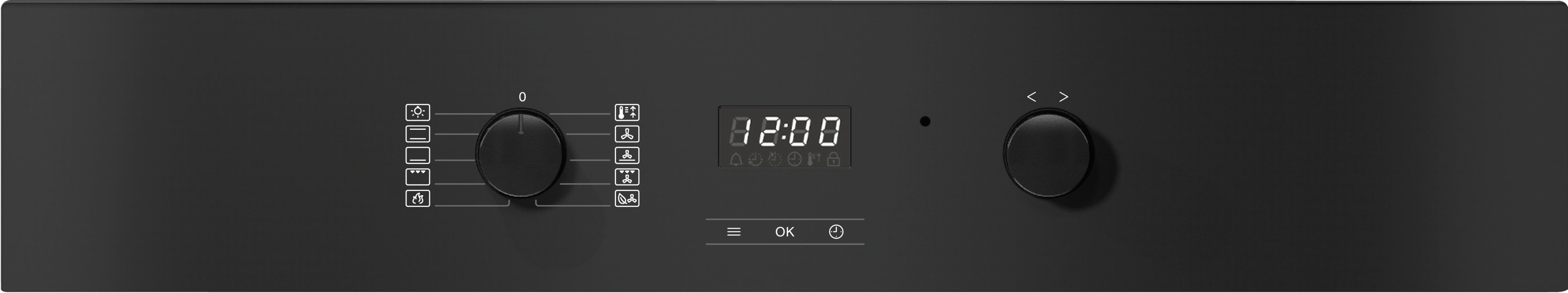 Schwarzes Bedienfeld eines Ofens mit zwei Drehknöpfen, einem digitalen Display und Symbolen.