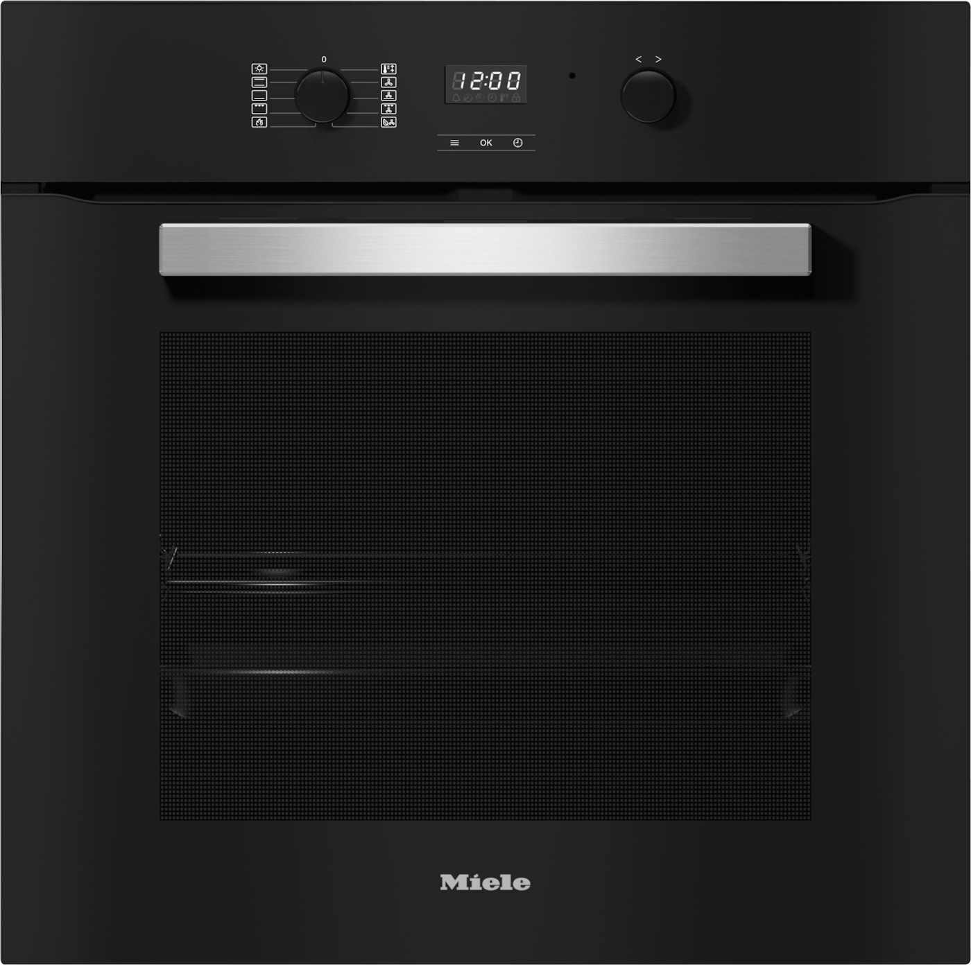 Ein schwarzer Miele-Ofen mit digitaler Zeitanzeige und Bedienelementen.
