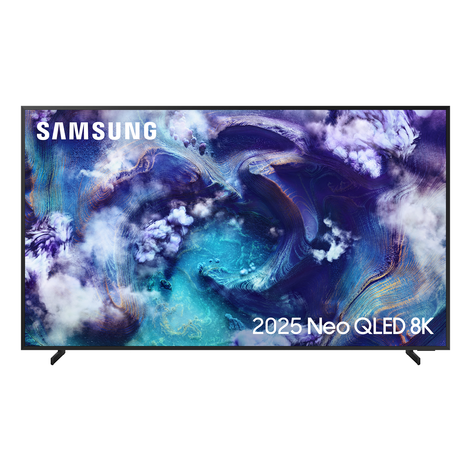 Telewizor Samsung Neo QLED 8K wyświetlający abstrakcyjną animację ekranu w kolorach niebieskim i fioletowym.