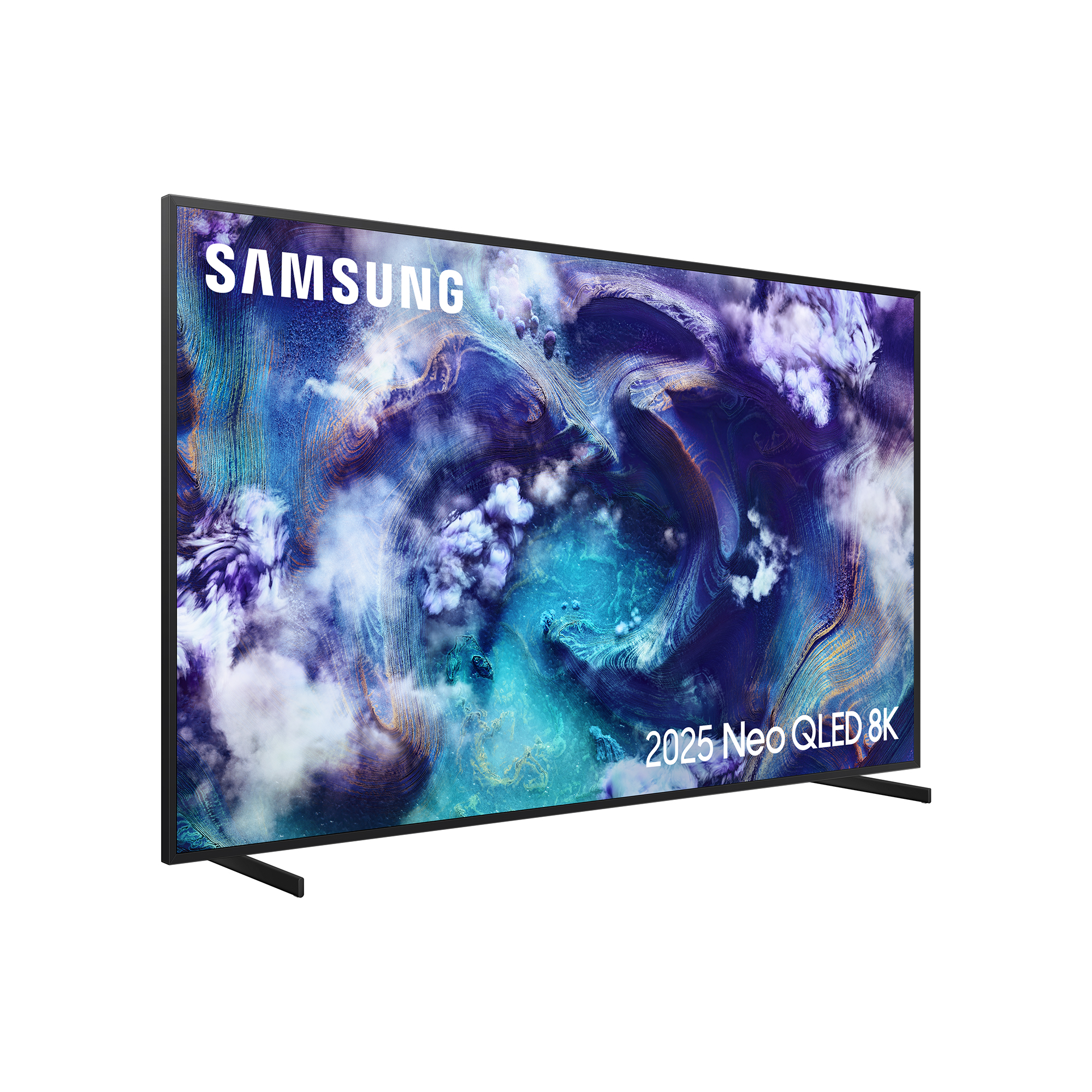 Telewizor Samsung Neo QLED 8K wyświetlający abstrakcyjny, niebiesko-fioletowy obraz.