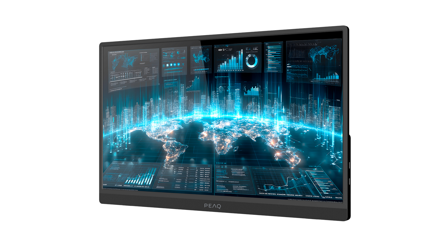 Monitor futurista muestra datos globales brillantes con paisajes urbanos y gráficos.