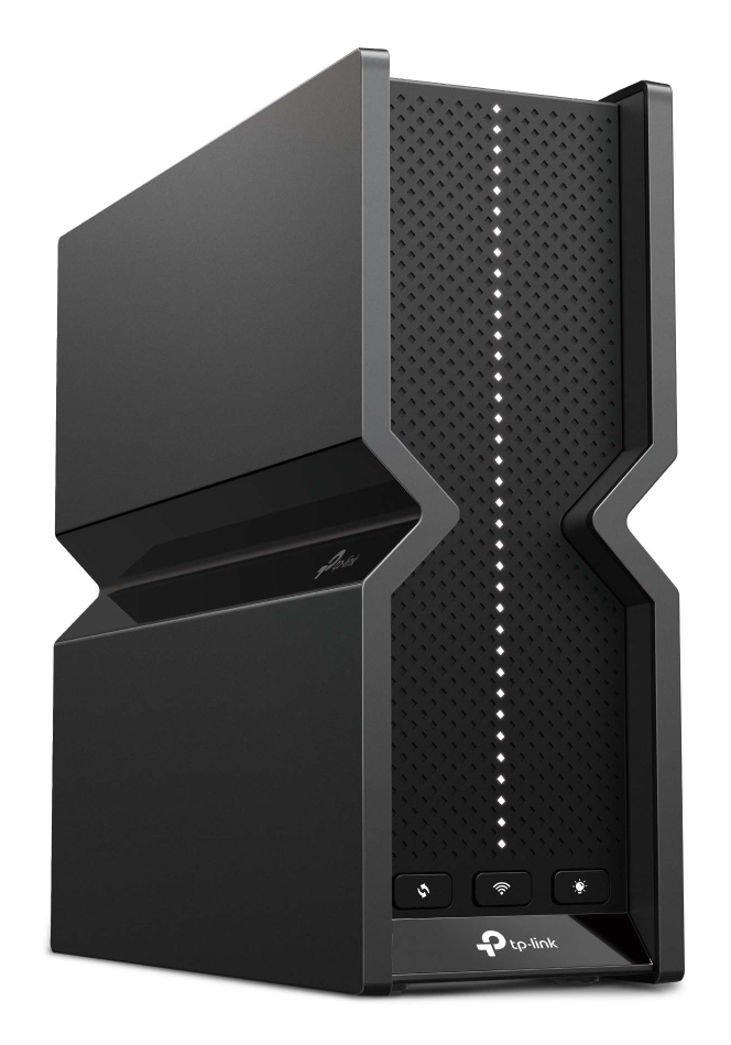 Un router negro y elegante con frente perforado y luces.