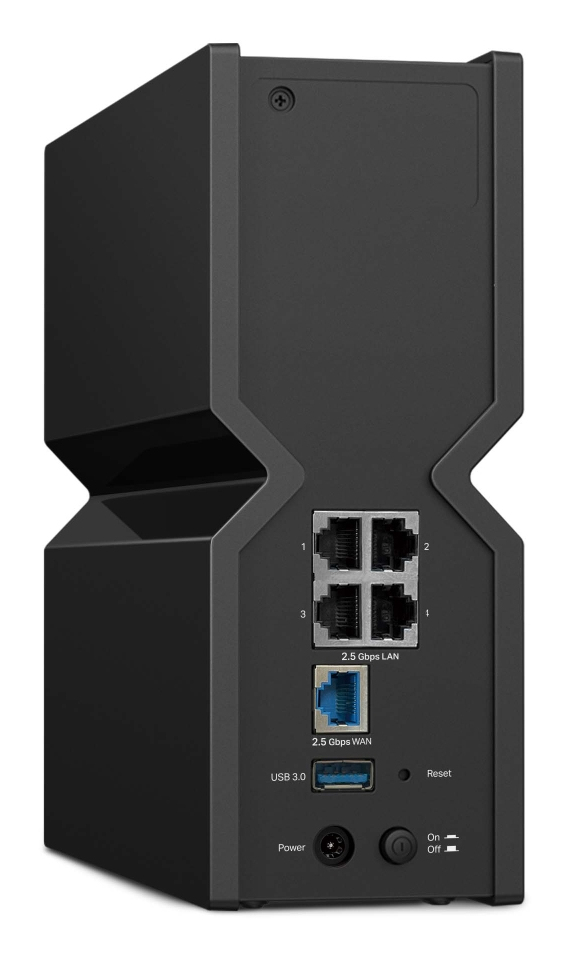 Router negro con 4 puertos LAN, 1 puerto WAN, USB 3.0, reinicio y energía.