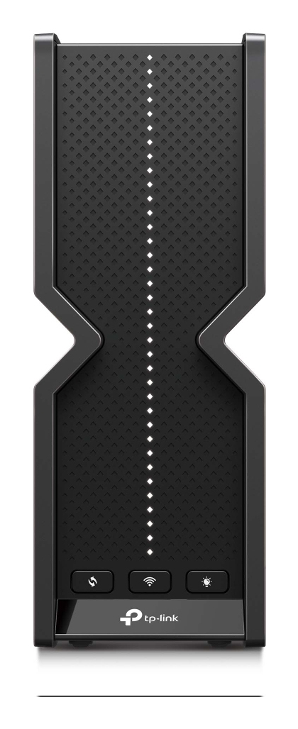 Un router TP-Link negro con una franja vertical de luces.