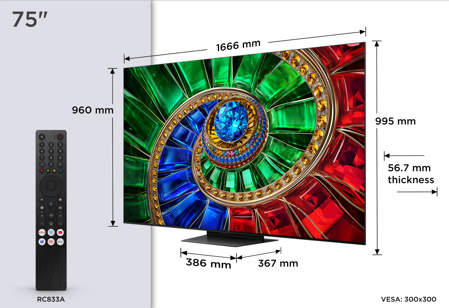 Un televisor de 75 pulgadas con mando. Dimensiones: 1666x995x56,7mm. VESA 300x300.