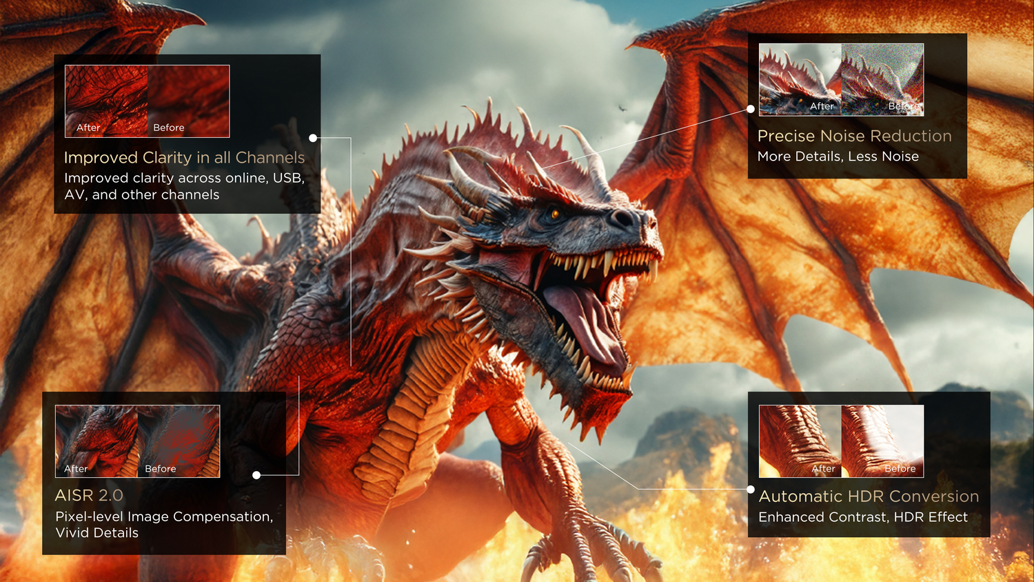 Un dragón rojo con alas, escupiendo fuego, con superposiciones de mejora de imagen.