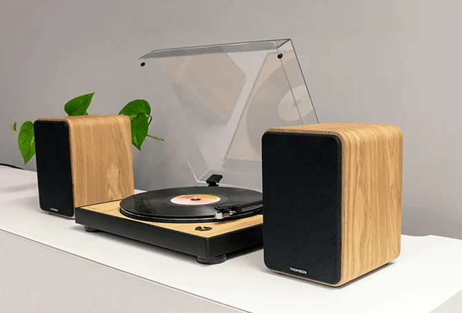 Un tocadiscos con dos altavoces de madera y una planta.