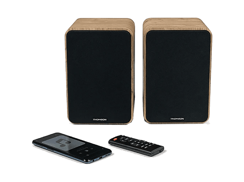 Altavoz de estantería - Thomson WS602DUO, 100 W, Bluetooth 5.0, 2 entradas RCA, Mando a distancia, Ecualizador, Marrón