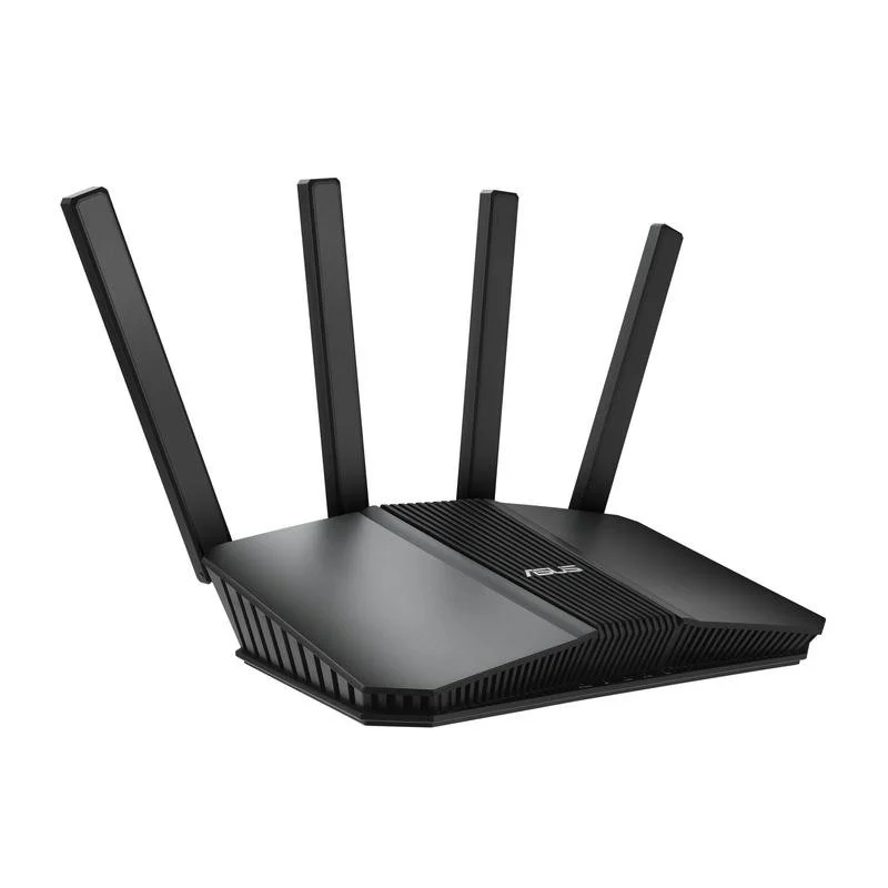 Un router negro con cuatro antenas sobre fondo blanco.