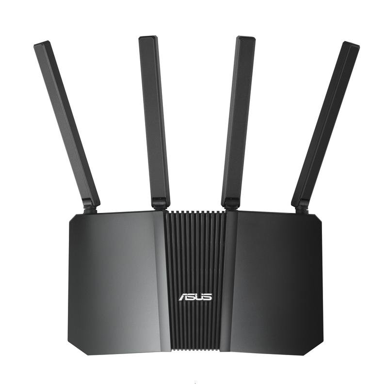 Router Asus negro con cuatro antenas, aislado sobre fondo blanco.
