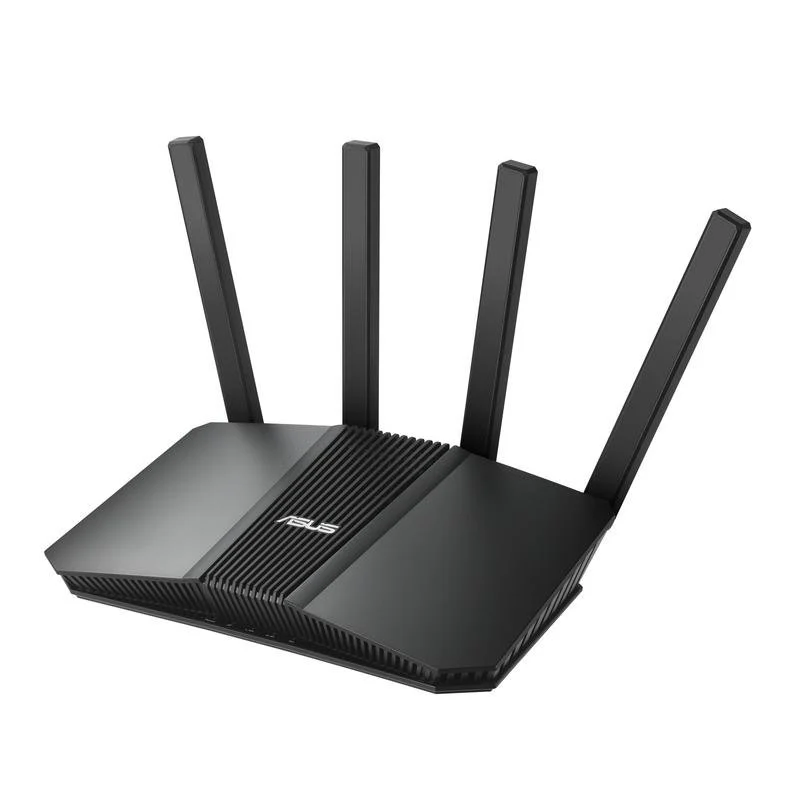 Router ASUS negro con tres antenas, parte superior acanalada y logo blanco.