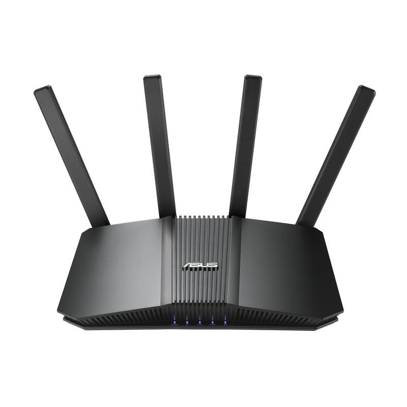 Un router ASUS negro con cuatro antenas sobre fondo blanco.