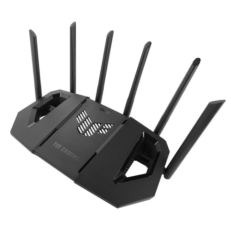 Router negro con cinco antenas, logo TUF GAMING y texto ASUS.