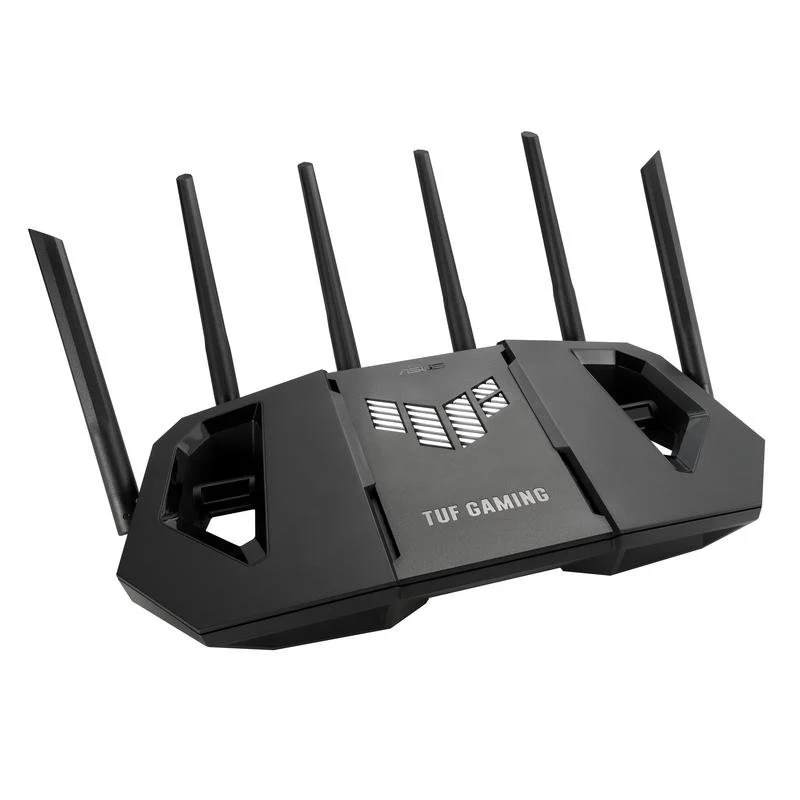 Un router negro con cuatro antenas y el texto TUF GAMING.
