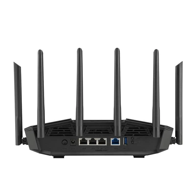 Un router Wi-Fi negro con cinco antenas y varios puertos en la parte trasera.