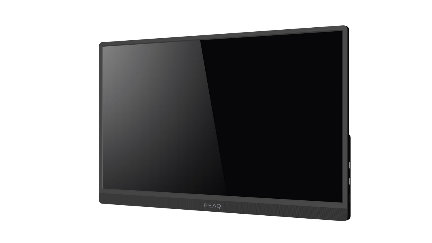 Un monitor negro con el logo de PEAQ centrado abajo.